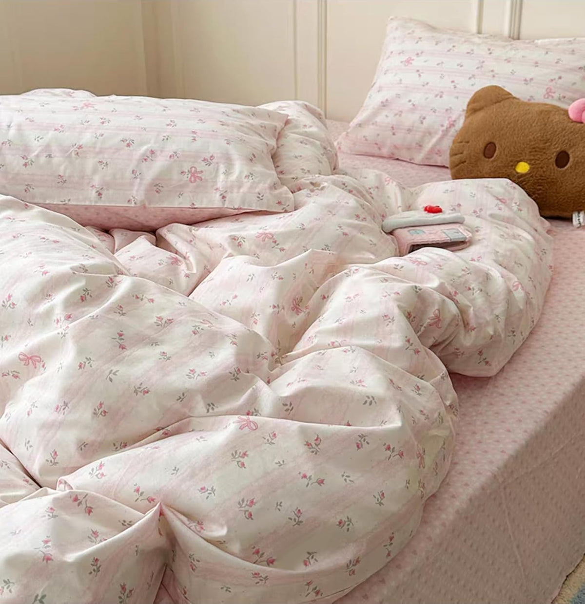 Pink Striped Duvet Cover Queen Reversible Floral Cute Heart Bedding
