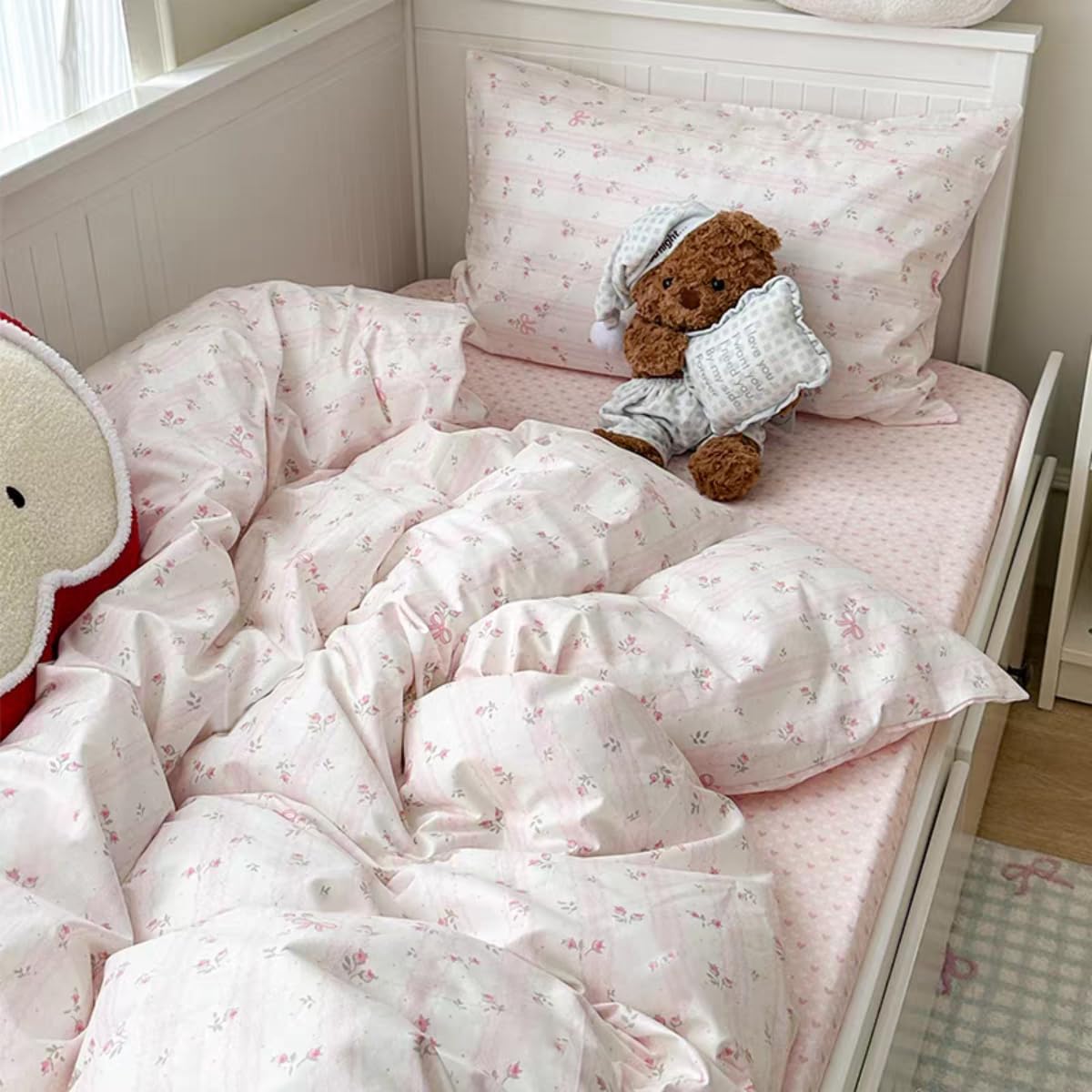 Pink Striped Duvet Cover Queen Reversible Floral Cute Heart Bedding