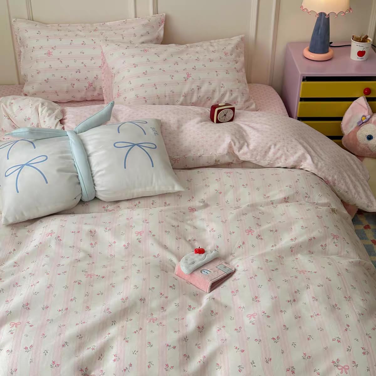 Pink Striped Duvet Cover Queen Reversible Floral Cute Heart Bedding