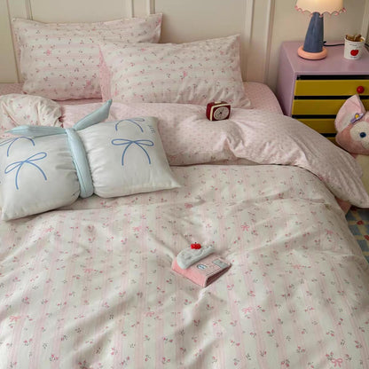 Pink Striped Duvet Cover Queen Reversible Floral Cute Heart Bedding