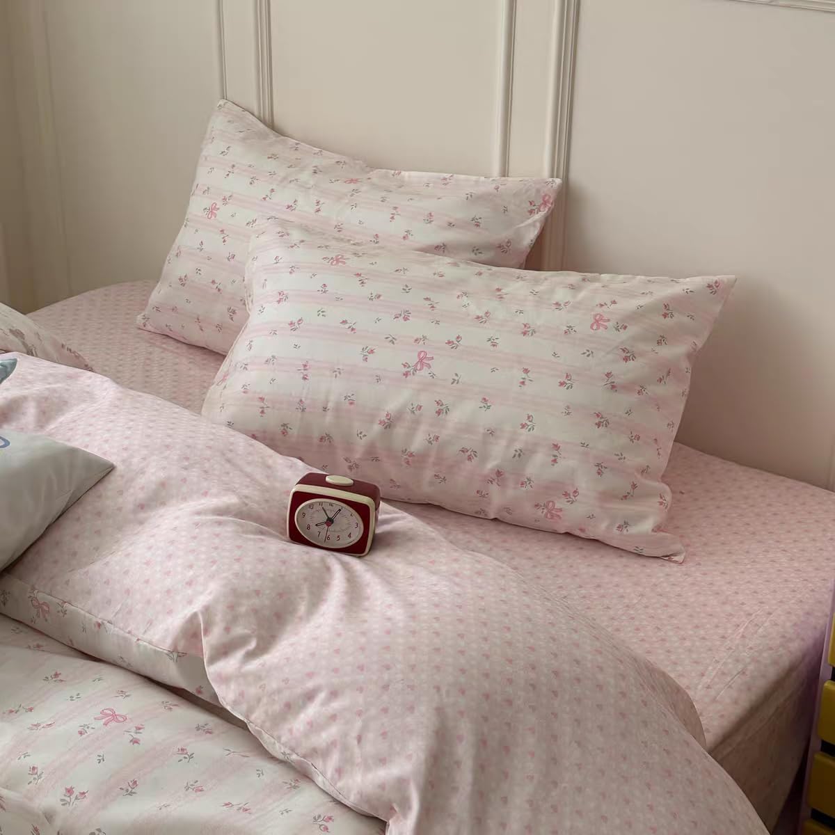 Pink Striped Duvet Cover Queen Reversible Floral Cute Heart Bedding