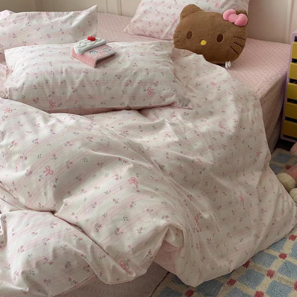 Pink Striped Duvet Cover Queen Reversible Floral Cute Heart Bedding