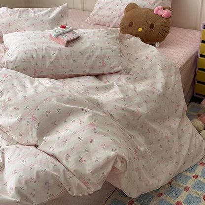 Pink Striped Duvet Cover Queen Reversible Floral Cute Heart Bedding