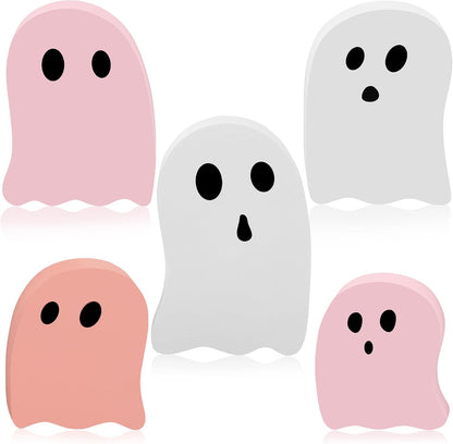 5 PCS Halloween Wooden Table Decoration Pink and White Cute Ghost Wood Centerpieces Halloween Tiered Tray Decor Ghost Themed Tabletop Signs for Kids Baby Shower Home Party Shelf Decor