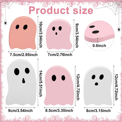 5 PCS Halloween Wooden Table Decoration Pink and White Cute Ghost Wood Centerpieces Halloween Tiered Tray Decor Ghost Themed Tabletop Signs for Kids Baby Shower Home Party Shelf Decor