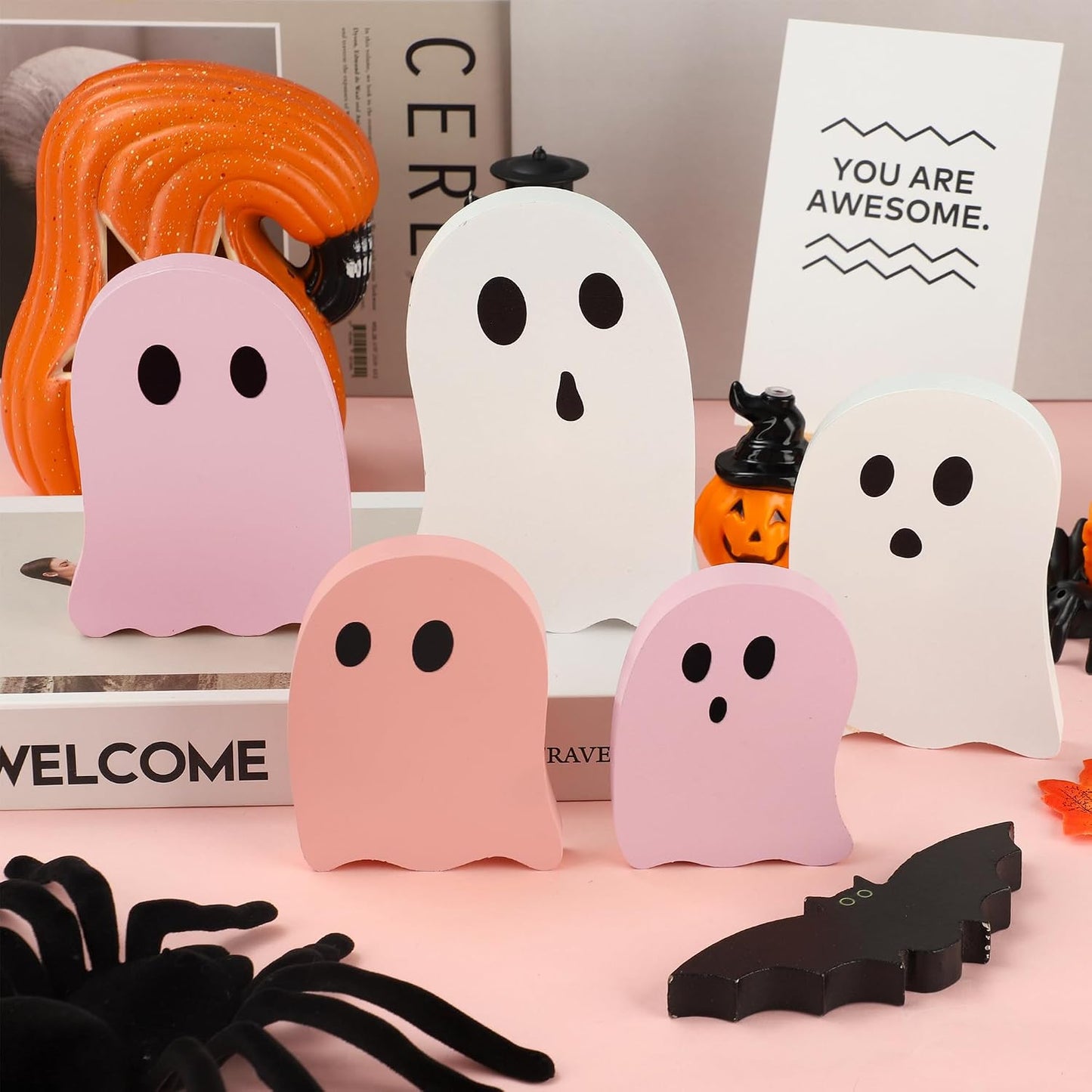 5 PCS Halloween Wooden Table Decoration Pink and White Cute Ghost Wood Centerpieces Halloween Tiered Tray Decor Ghost Themed Tabletop Signs for Kids Baby Shower Home Party Shelf Decor