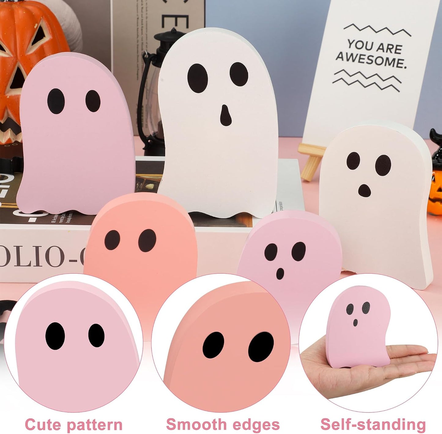 5 PCS Halloween Wooden Table Decoration Pink and White Cute Ghost Wood Centerpieces Halloween Tiered Tray Decor Ghost Themed Tabletop Signs for Kids Baby Shower Home Party Shelf Decor