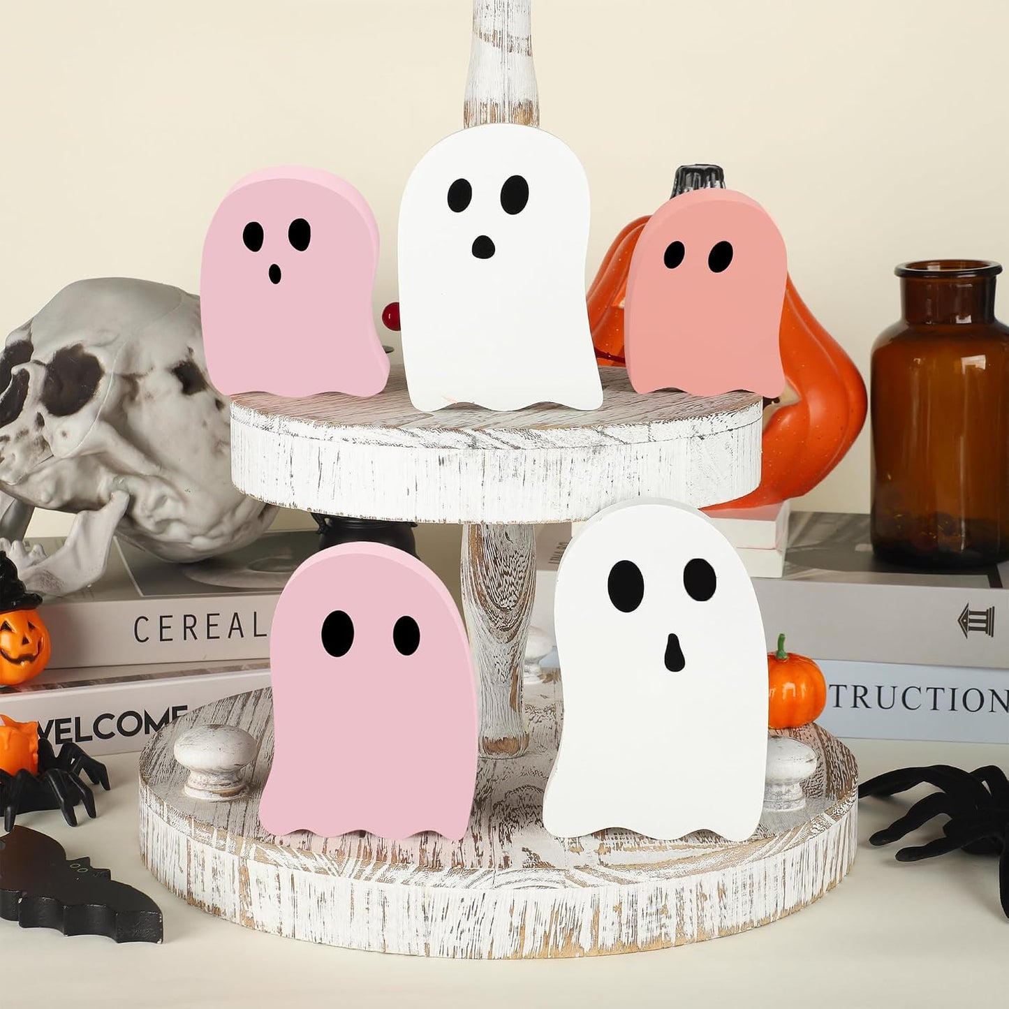 5 PCS Halloween Wooden Table Decoration Pink and White Cute Ghost Wood Centerpieces Halloween Tiered Tray Decor Ghost Themed Tabletop Signs for Kids Baby Shower Home Party Shelf Decor