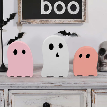 5 PCS Halloween Wooden Table Decoration Pink and White Cute Ghost Wood Centerpieces Halloween Tiered Tray Decor Ghost Themed Tabletop Signs for Kids Baby Shower Home Party Shelf Decor