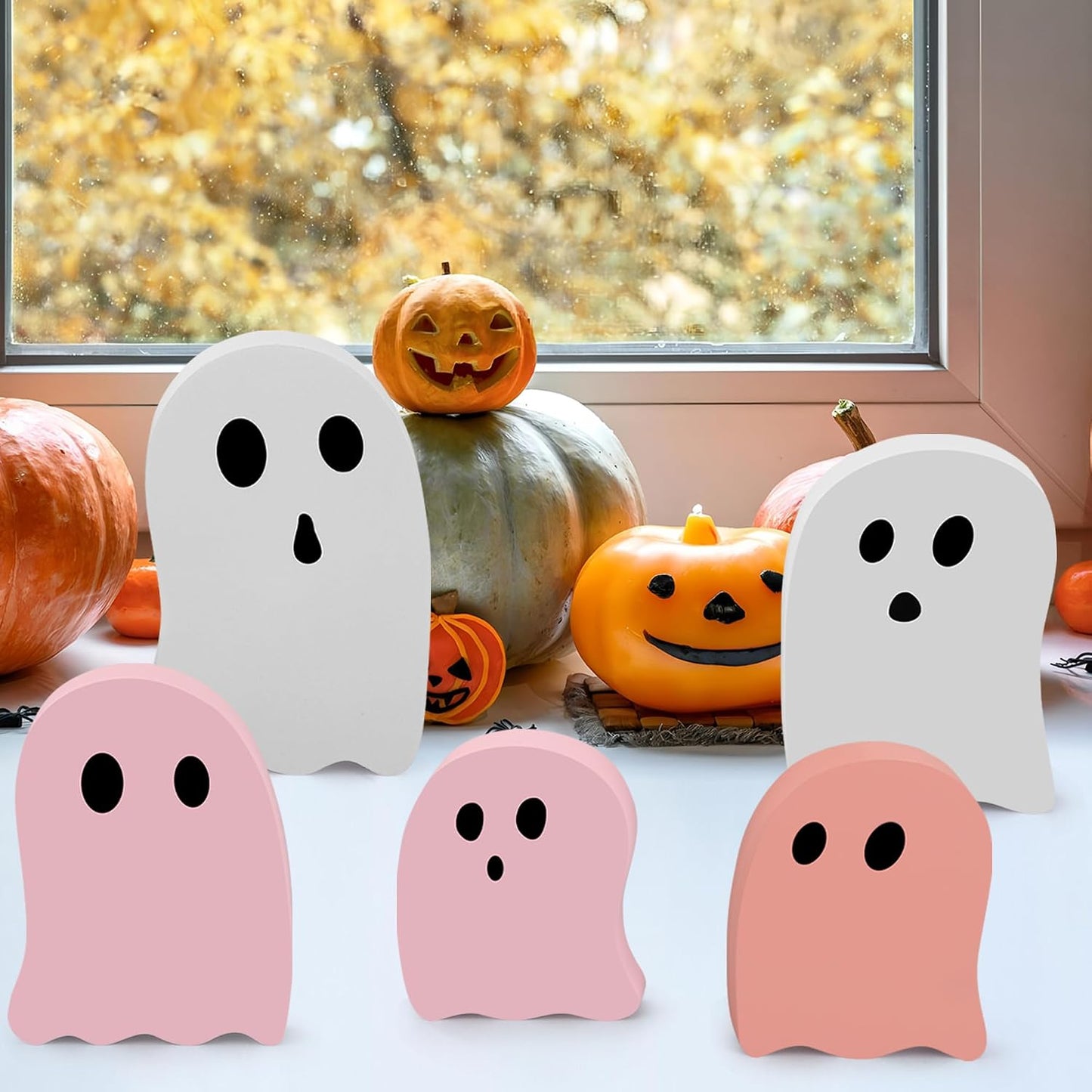5 PCS Halloween Wooden Table Decoration Pink and White Cute Ghost Wood Centerpieces Halloween Tiered Tray Decor Ghost Themed Tabletop Signs for Kids Baby Shower Home Party Shelf Decor
