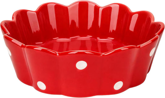 Ceramic Cat Bowl, Scalloped Edge with White Polka Dots – Pet Feeding Dish with Anti-Slip Base for Cats and Small Dogs, Red