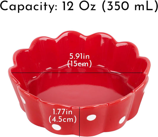 Ceramic Cat Bowl, Scalloped Edge with White Polka Dots – Pet Feeding Dish with Anti-Slip Base for Cats and Small Dogs, Red