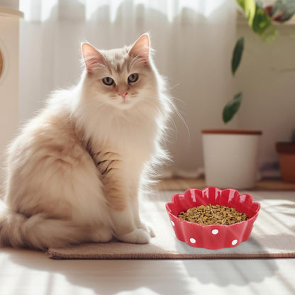 Ceramic Cat Bowl, Scalloped Edge with White Polka Dots – Pet Feeding Dish with Anti-Slip Base for Cats and Small Dogs, Red