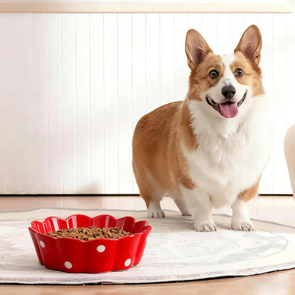 Ceramic Cat Bowl, Scalloped Edge with White Polka Dots – Pet Feeding Dish with Anti-Slip Base for Cats and Small Dogs, Red