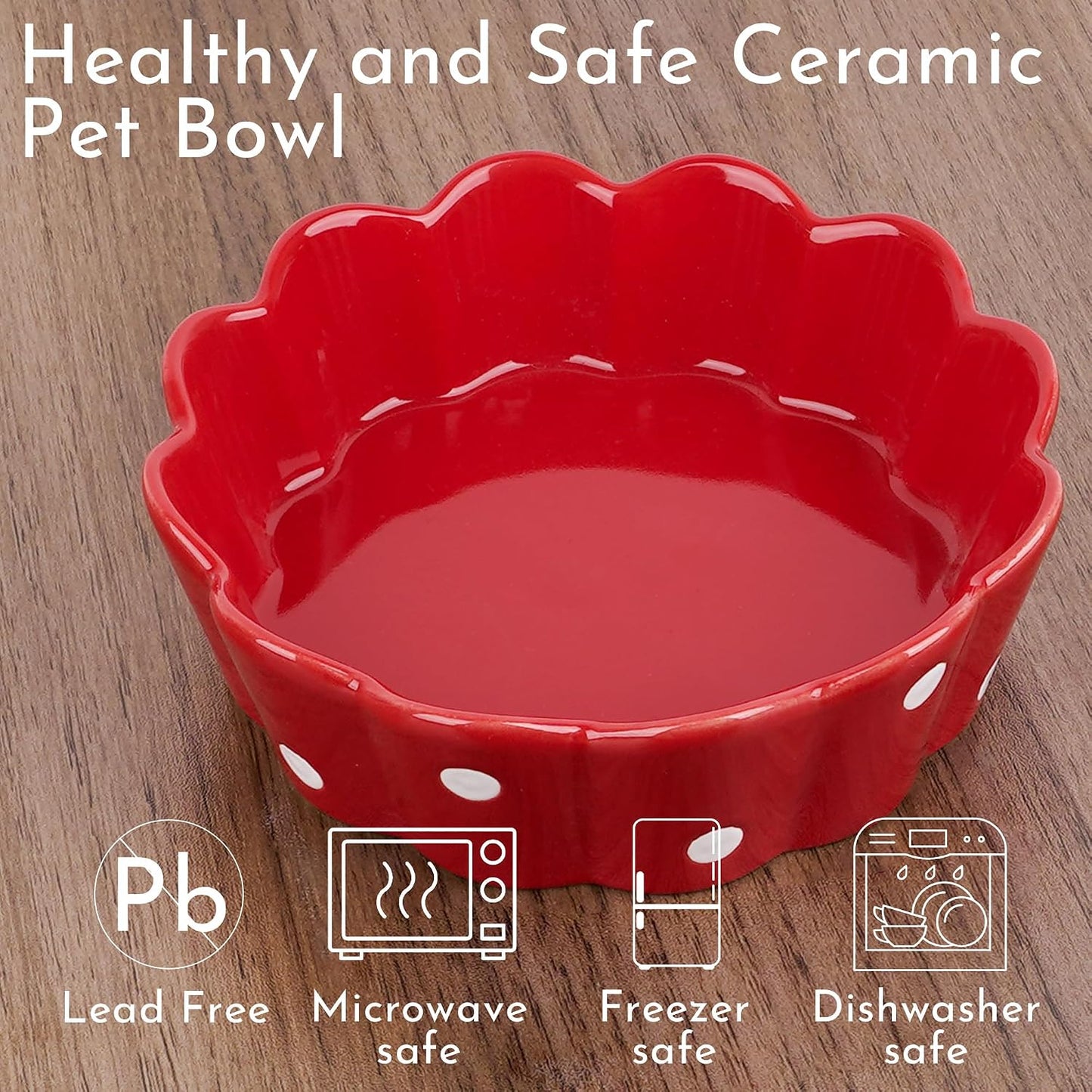 Ceramic Cat Bowl, Scalloped Edge with White Polka Dots – Pet Feeding Dish with Anti-Slip Base for Cats and Small Dogs, Red