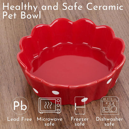Ceramic Cat Bowl, Scalloped Edge with White Polka Dots – Pet Feeding Dish with Anti-Slip Base for Cats and Small Dogs, Red