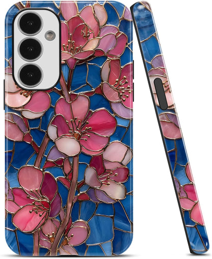 Stained Glass Peach Blossoms Phone Case for Samsung Galaxy A16 5G Case Hybrid 2-Layer Hard Shell Scratch Resistant Shockproof Protection Phone Cover Funda for Samsung A16 6.7 Inch