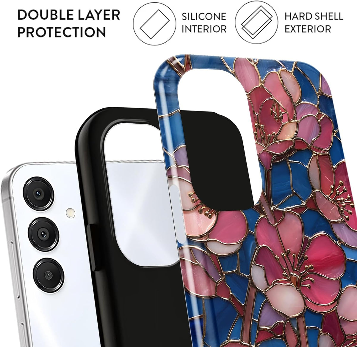 Stained Glass Peach Blossoms Phone Case for Samsung Galaxy A16 5G Case Hybrid 2-Layer Hard Shell Scratch Resistant Shockproof Protection Phone Cover Funda for Samsung A16 6.7 Inch