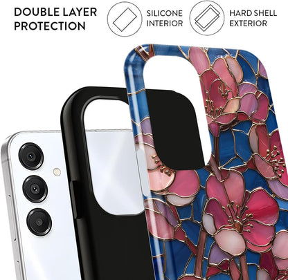 Stained Glass Peach Blossoms Phone Case for Samsung Galaxy A16 5G Case Hybrid 2-Layer Hard Shell Scratch Resistant Shockproof Protection Phone Cover Funda for Samsung A16 6.7 Inch