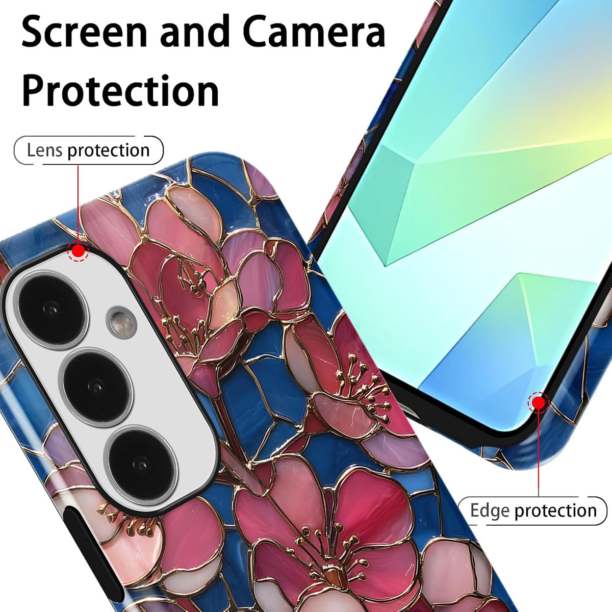 Stained Glass Peach Blossoms Phone Case for Samsung Galaxy A16 5G Case Hybrid 2-Layer Hard Shell Scratch Resistant Shockproof Protection Phone Cover Funda for Samsung A16 6.7 Inch