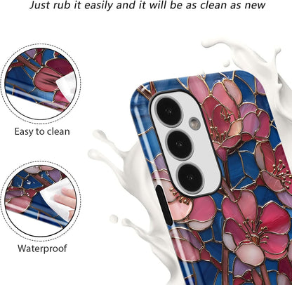 Stained Glass Peach Blossoms Phone Case for Samsung Galaxy A16 5G Case Hybrid 2-Layer Hard Shell Scratch Resistant Shockproof Protection Phone Cover Funda for Samsung A16 6.7 Inch
