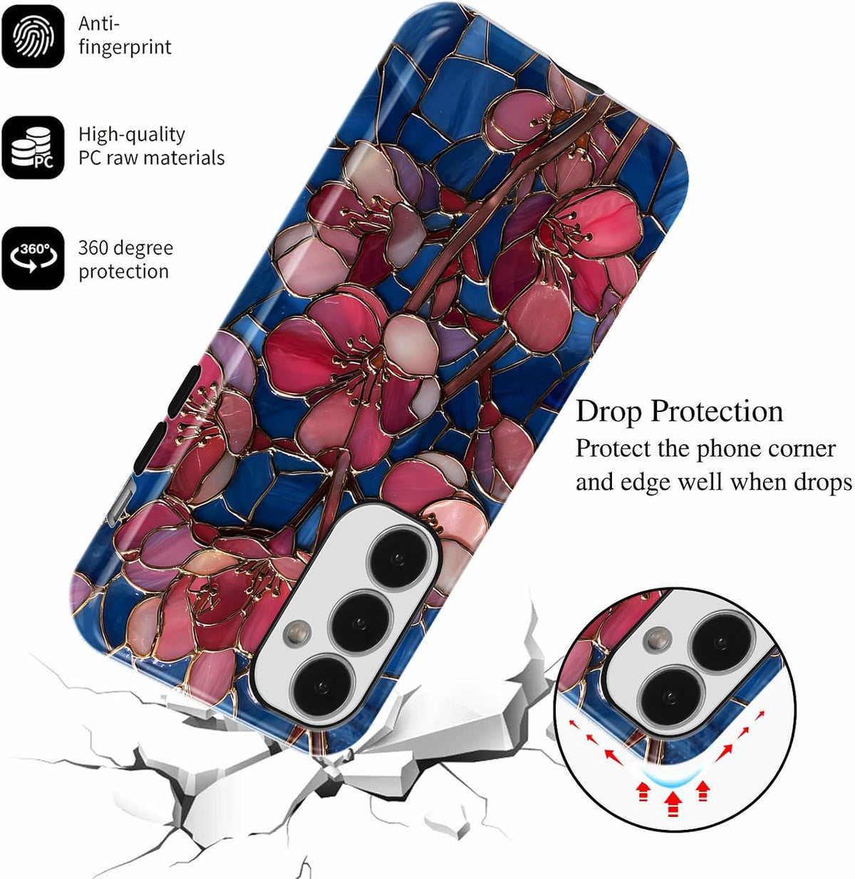 Stained Glass Peach Blossoms Phone Case for Samsung Galaxy A16 5G Case Hybrid 2-Layer Hard Shell Scratch Resistant Shockproof Protection Phone Cover Funda for Samsung A16 6.7 Inch