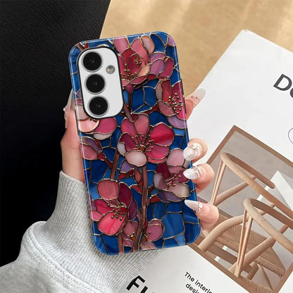 Stained Glass Peach Blossoms Phone Case for Samsung Galaxy A16 5G Case Hybrid 2-Layer Hard Shell Scratch Resistant Shockproof Protection Phone Cover Funda for Samsung A16 6.7 Inch
