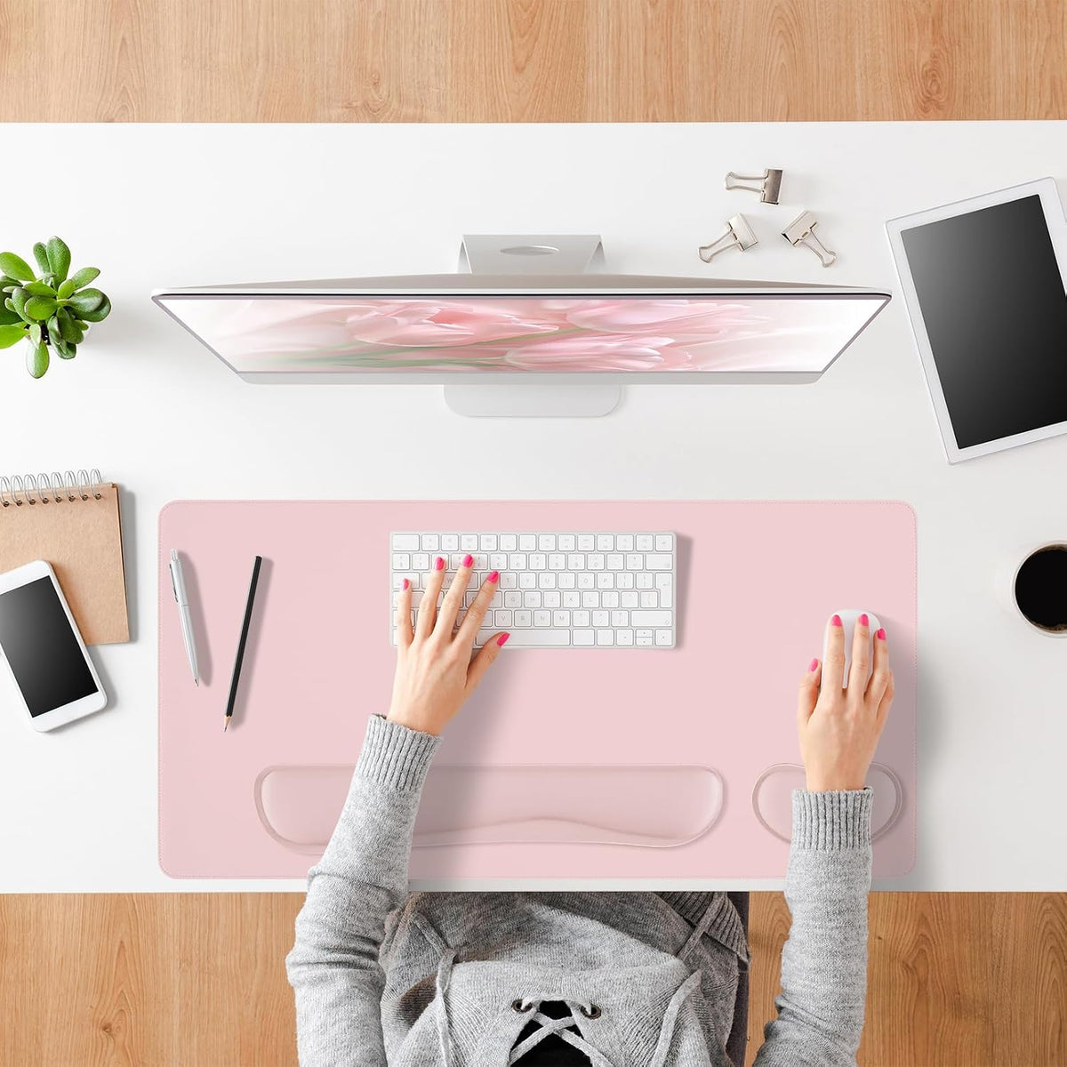 Pink Leather Desk Pad and Keyboard Wrist Rest, 31.5"x15.7"