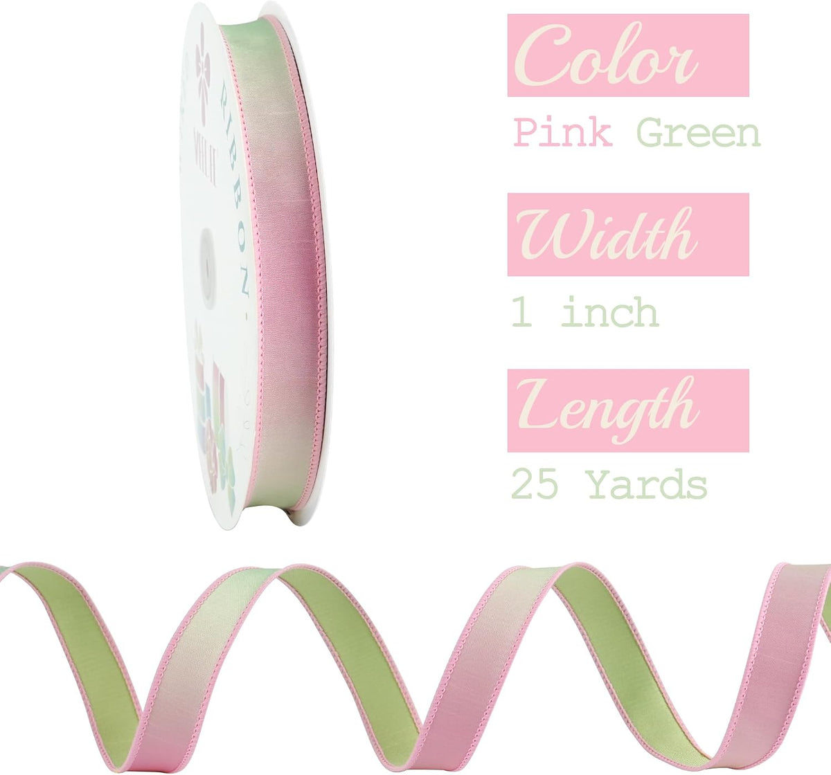 1" Pink Green Dupioni Ribbon 25 Yards Pastel Pink to Mint Green Ombre Ribbons for Crafts, Wreaths, Gift Wrapping, Bow Making, Weddings, Floral Bouquets, Perfect for Candyland, Easter & Spring