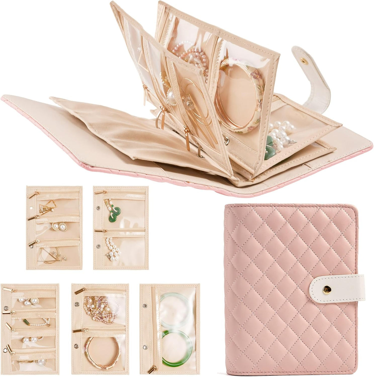 Faux Leather Travel Jewelry Case Organizer with 5 Detachable Pages - Pink
