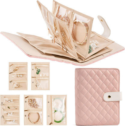 Faux Leather Travel Jewelry Case Organizer with 5 Detachable Pages - Pink