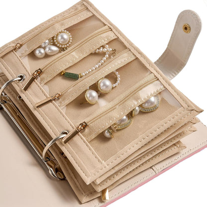 Faux Leather Travel Jewelry Case Organizer with 5 Detachable Pages - Pink