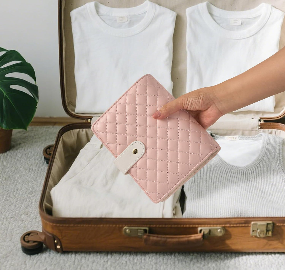 Faux Leather Travel Jewelry Case Organizer with 5 Detachable Pages - Pink