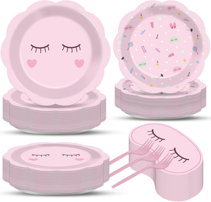 200 Pcs Spa Party Decorations Spa Paper Plates Napkins Pink Sleepover Tableware Dinnerware Set Dinner Dessert Plates Slumber Party Supplies for Girls Makeup Birthday Pajama Parties Favors Table Decor