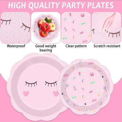 200 Pcs Spa Party Decorations Spa Paper Plates Napkins Pink Sleepover Tableware Dinnerware Set Dinner Dessert Plates Slumber Party Supplies for Girls Makeup Birthday Pajama Parties Favors Table Decor