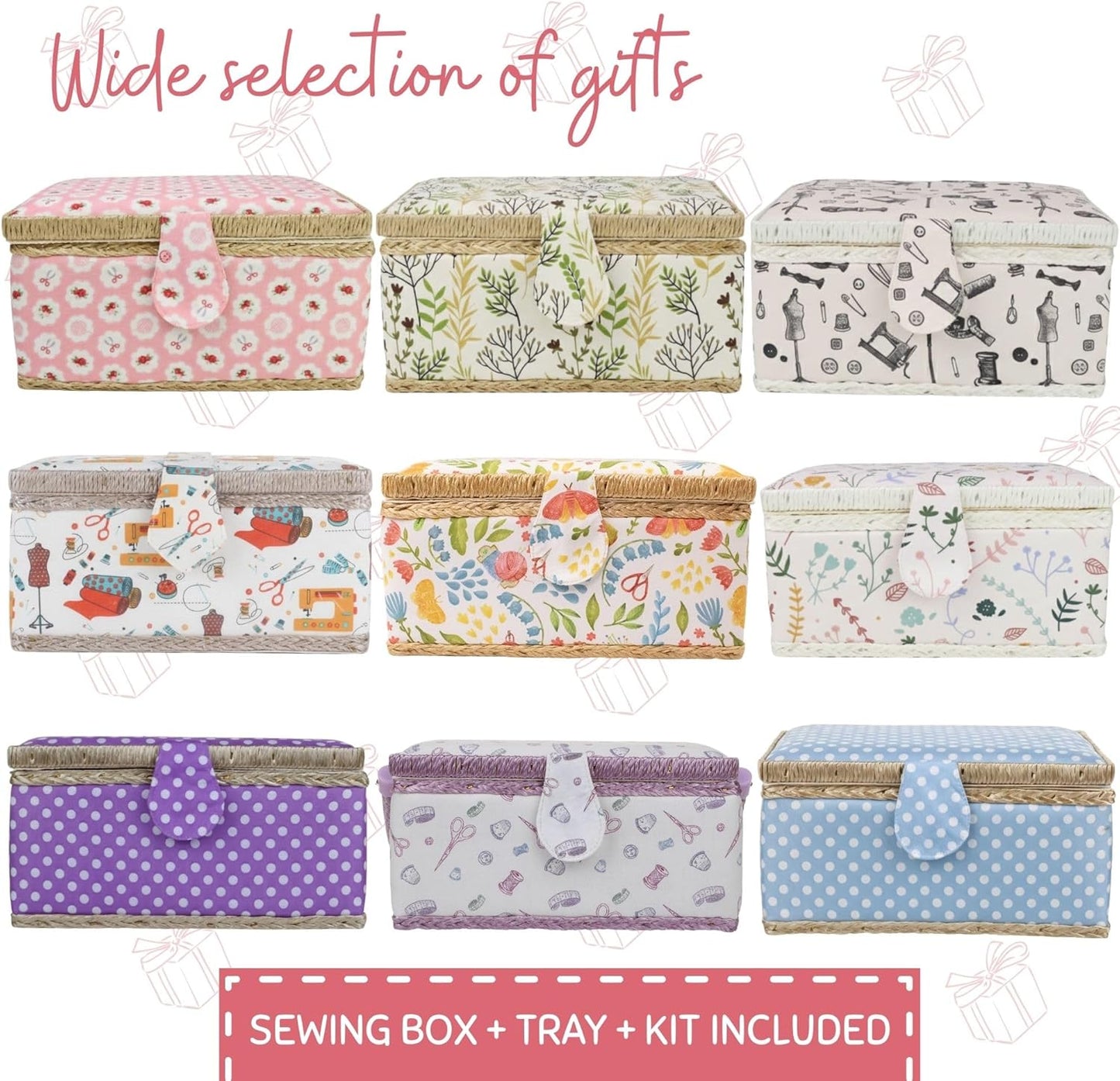 Sewing Basket with Accessories, Large Sew Storage Organizer with Complete Tools, Wooden Sew Box with Removable Tray Tomato Pincushion for Mending, Pink Rose