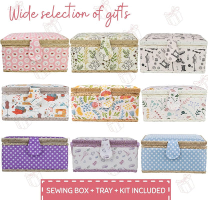 Sewing Basket with Accessories, Large Sew Storage Organizer with Complete Tools, Wooden Sew Box with Removable Tray Tomato Pincushion for Mending, Pink Rose