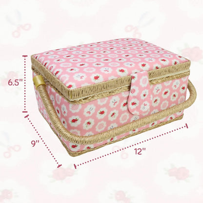 Sewing Basket with Accessories, Large Sew Storage Organizer with Complete Tools, Wooden Sew Box with Removable Tray Tomato Pincushion for Mending, Pink Rose