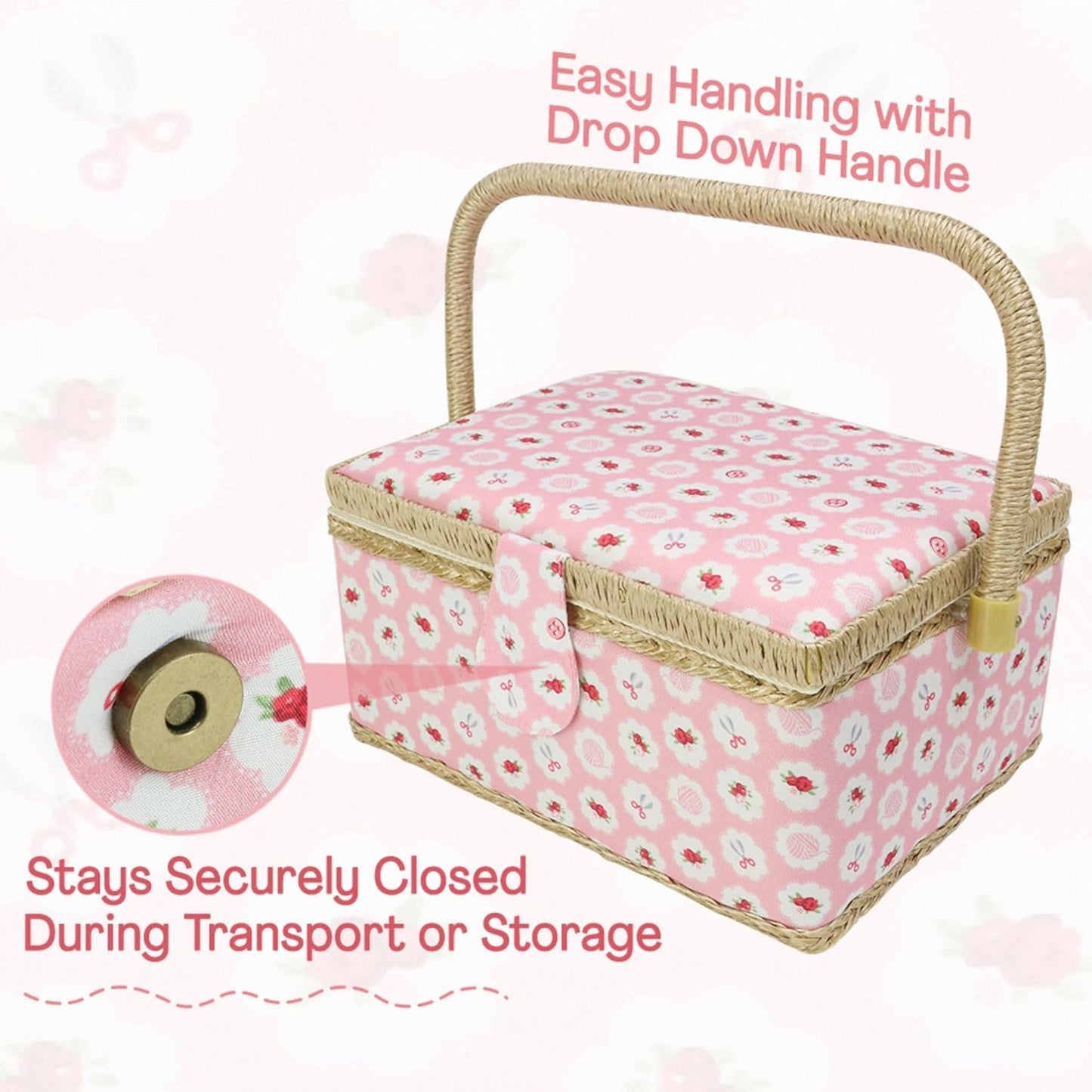 Sewing Basket with Accessories, Large Sew Storage Organizer with Complete Tools, Wooden Sew Box with Removable Tray Tomato Pincushion for Mending, Pink Rose