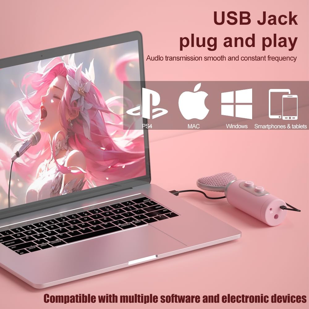 HB128 USB Gaming Condenser Mic Pink Heart Design Plug & Play