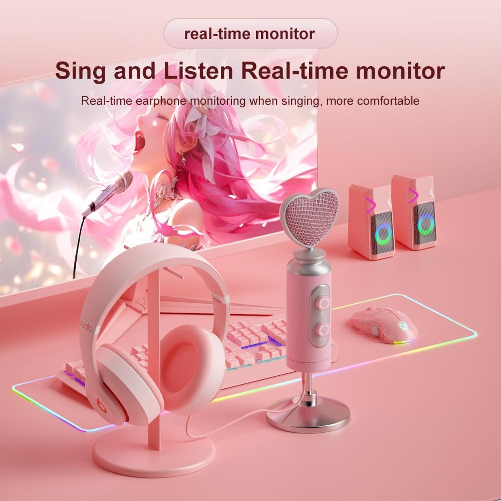 HB128 USB Gaming Condenser Mic Pink Heart Design Plug & Play