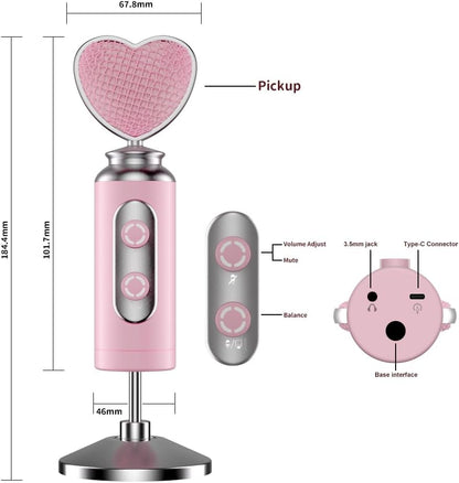 HB128 USB Gaming Condenser Mic Pink Heart Design Plug & Play
