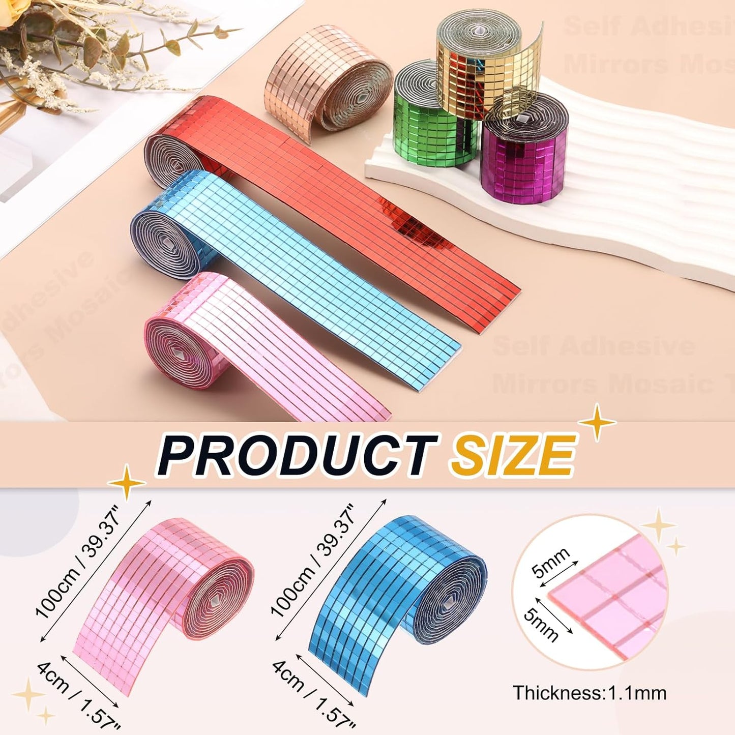 5x5mm Self Adhesive Mirrors Mosaic Tiles, 3200 Pcs Square Mini Glass Mosaic Disco Tile Sticker for DIY Craft Disco Ball Party Decoration, Light Blue Pink