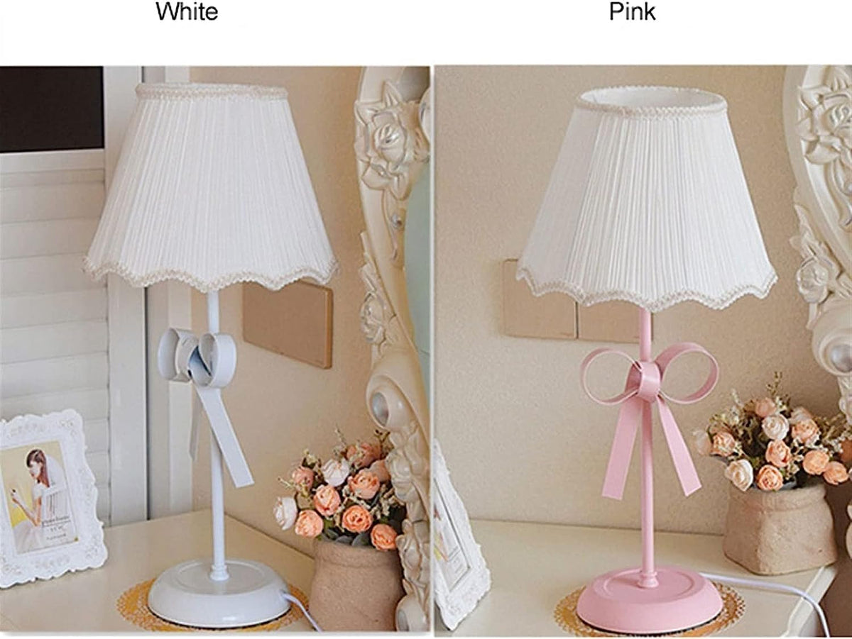 Nordic White Pink Table Lamp for Girl's Bedroom Single Cute Bow Table Lamp with Fabric Shade Modern Decorative Bedside Light Coastal Bedside Table Kids Bedroom Reading Desk Lighting