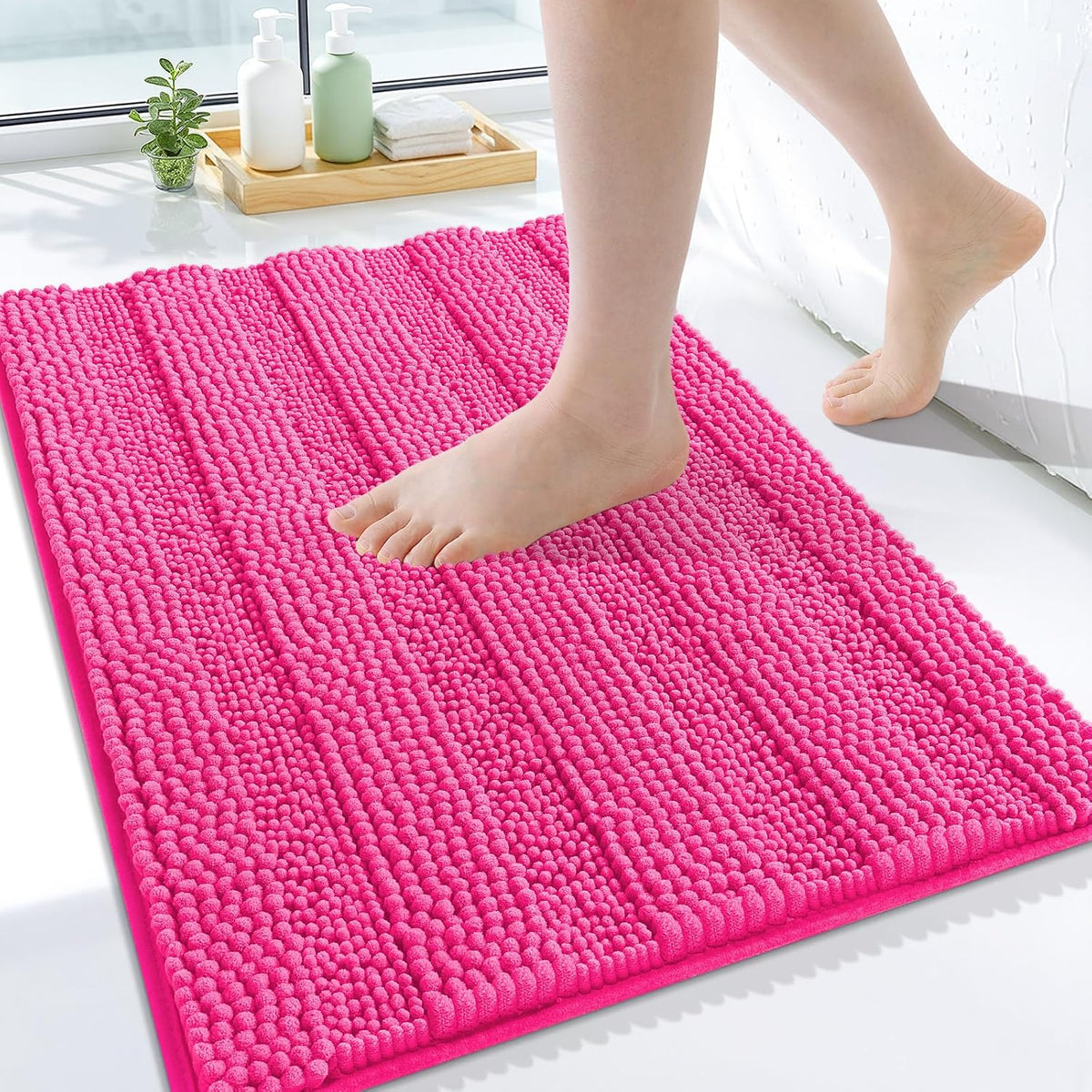 Grandaily Chenille Striped Bathroom Rugs 24x16, Extra Thick and Absorbent Bath Mats, Non-Slip Soft Plush Shaggy Shower Carpet, Machine Wash Dry, Bath Rug for Bathroom, (Small, Deep Pink)