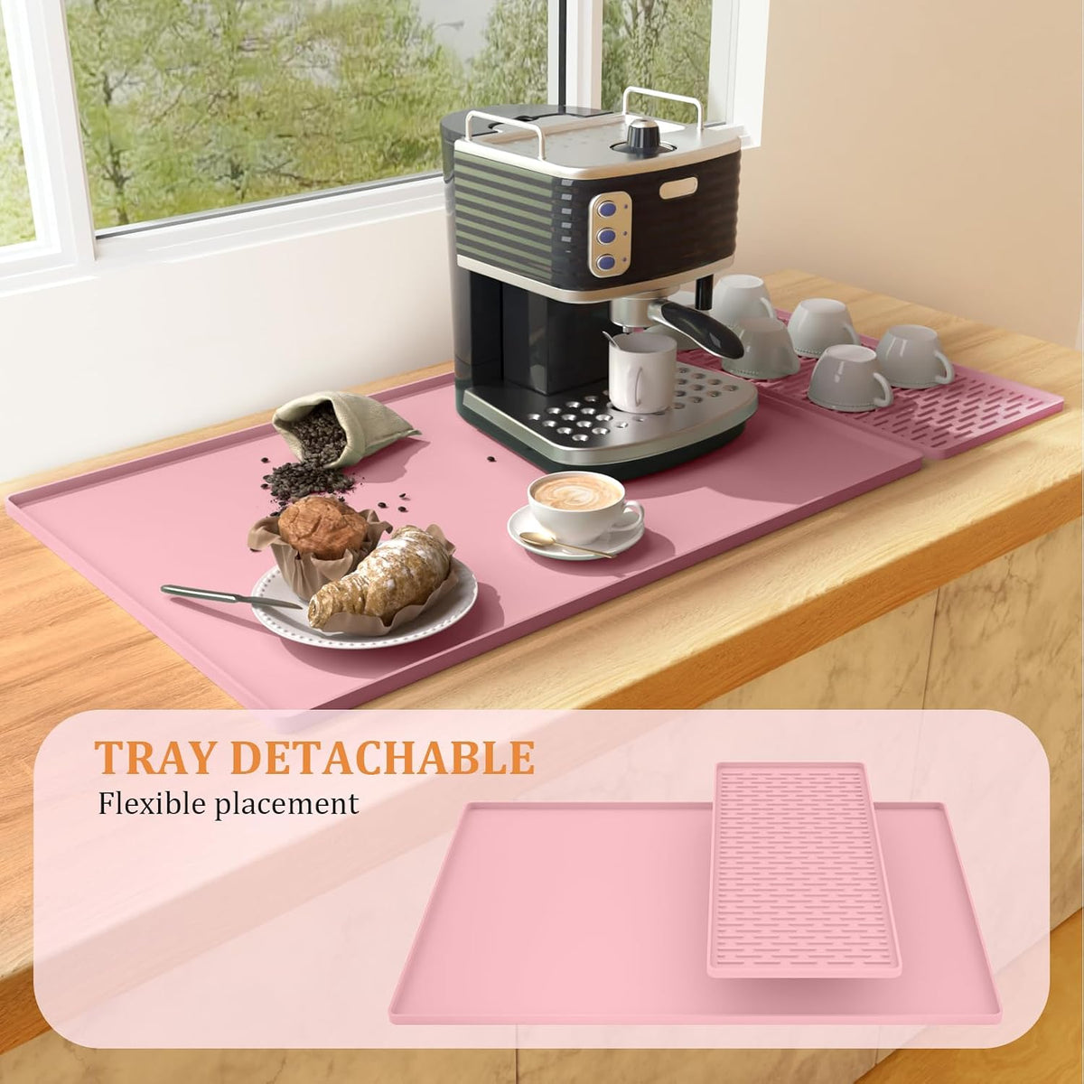 Silicone Coffee Mat - 24" x 16" Removable Bar Mat, Waterproof Leak-Proof Dish Drying Pad, Fits Under Coffee Makers and Espresso Machines to Keep Surfaces Clean, Pink