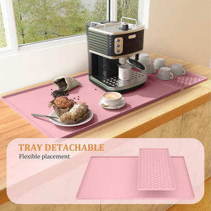 Silicone Coffee Mat - 24" x 16" Removable Bar Mat, Waterproof Leak-Proof Dish Drying Pad, Fits Under Coffee Makers and Espresso Machines to Keep Surfaces Clean, Pink