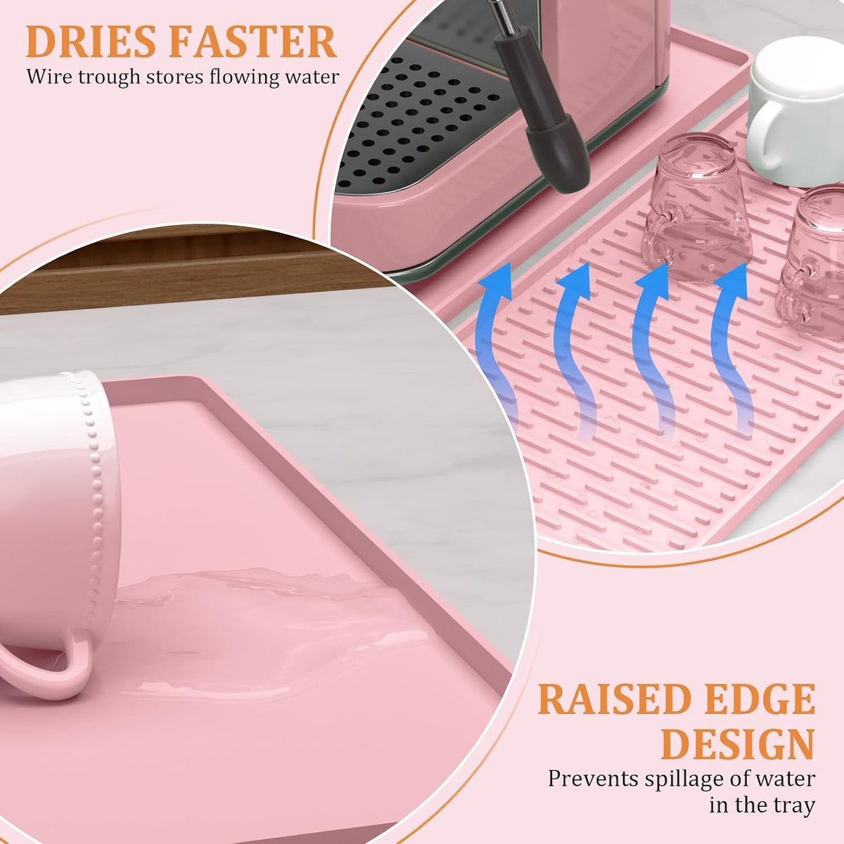 Silicone Coffee Mat - 24" x 16" Removable Bar Mat, Waterproof Leak-Proof Dish Drying Pad, Fits Under Coffee Makers and Espresso Machines to Keep Surfaces Clean, Pink