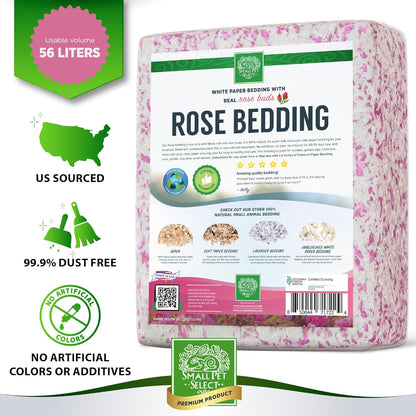 Small Pet Select Rose Bedding, Paper Bedding with Real Rose, Soft Animal Bedding with Odor Control for Guinea Pig, Rabbit, Hamster, or Bunny, Cage Accessories, Made in USA, 56L