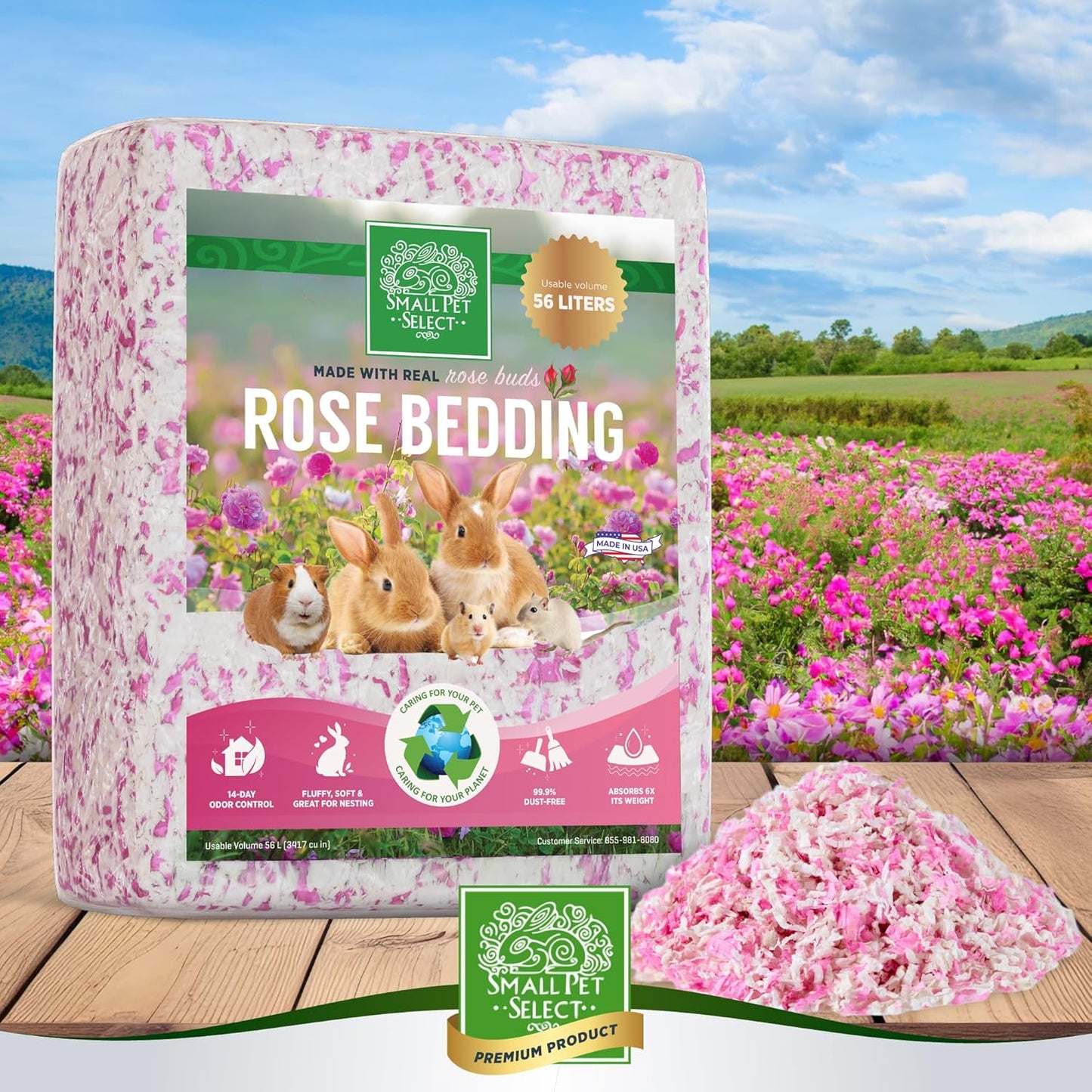 Small Pet Select Rose Bedding, Paper Bedding with Real Rose, Soft Animal Bedding with Odor Control for Guinea Pig, Rabbit, Hamster, or Bunny, Cage Accessories, Made in USA, 56L